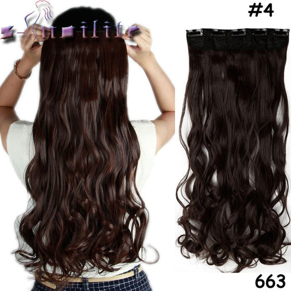 s-noilite 24 inch(61cm) Long Curly Wavy Women Clip in Hair Extensions Black Brown High Tempreture Synthetic Fake Hair piece