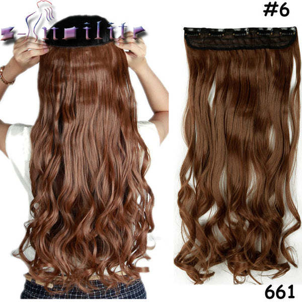 s-noilite 24 inch(61cm) Long Curly Wavy Women Clip in Hair Extensions Black Brown High Tempreture Synthetic Fake Hair piece