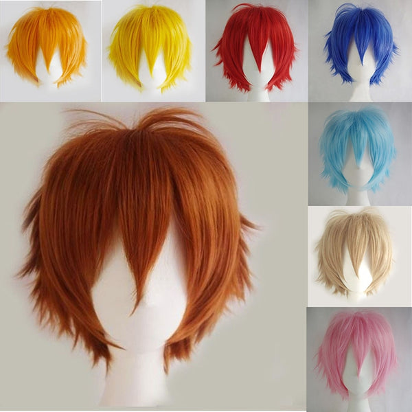 SNOILITE Synthetic Straight Full Short Wig Cosplay Party Hair Halloween Heat Resistant brown red blue blue  Women man wigs