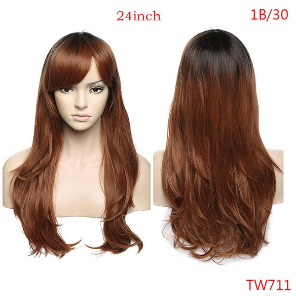 SNOILITE Women Long wavy Cosplay Wig brown Heat Resistant Fiber Natural Synthetic Hair Full Head Wig Ombre Party For black Women