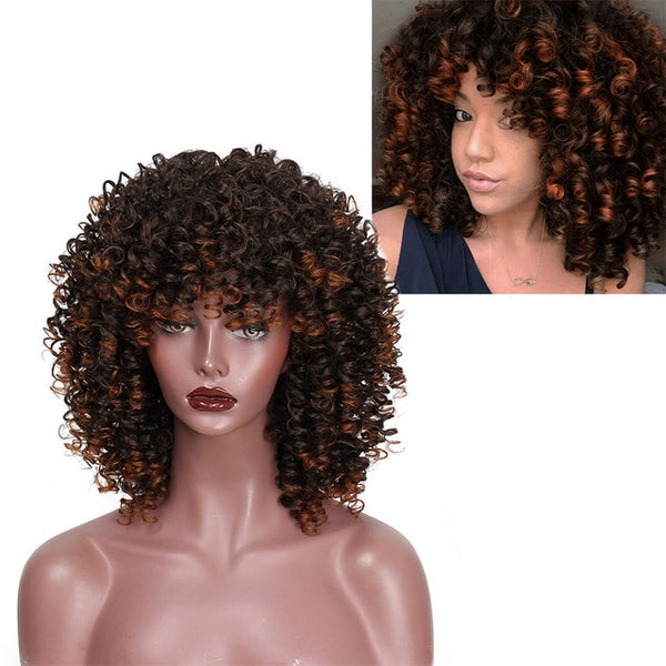 AISI HAIR High Temperature Fiber Mixed Brown and Blonde Color Synthetic Short Hair Afro Kinky Curly Wigs for  Women Black Hair