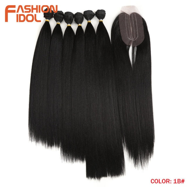 FASHION IDOL Yaki Straight Hair Bundles 7Pcs/Pack 16-20inch Ombre 250g Synthetic Hair Bundles With Closure Weave Hair Extension