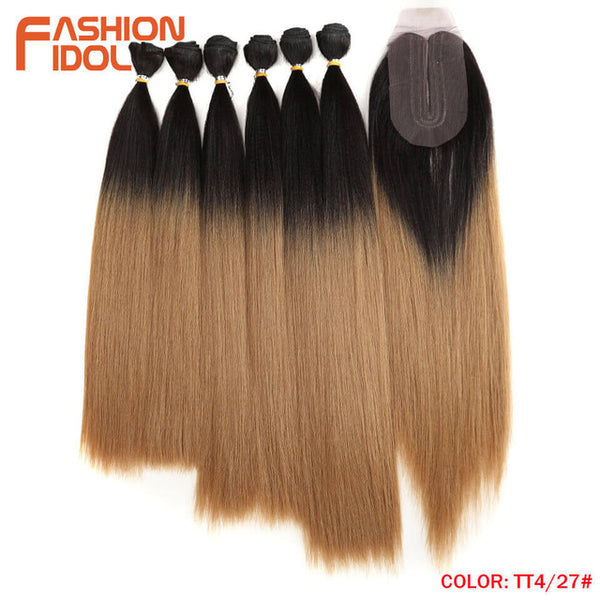 FASHION IDOL Yaki Straight Hair Bundles 7Pcs/Pack 16-20inch Ombre 250g Synthetic Hair Bundles With Closure Weave Hair Extension