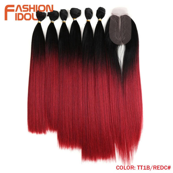 FASHION IDOL Yaki Straight Hair Bundles 7Pcs/Pack 16-20inch Ombre 250g Synthetic Hair Bundles With Closure Weave Hair Extension