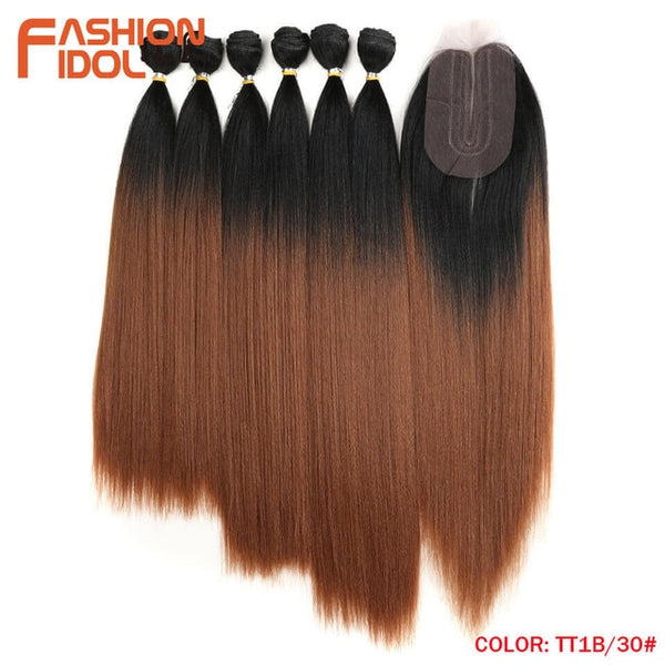 FASHION IDOL Yaki Straight Hair Bundles 7Pcs/Pack 16-20inch Ombre 250g Synthetic Hair Bundles With Closure Weave Hair Extension