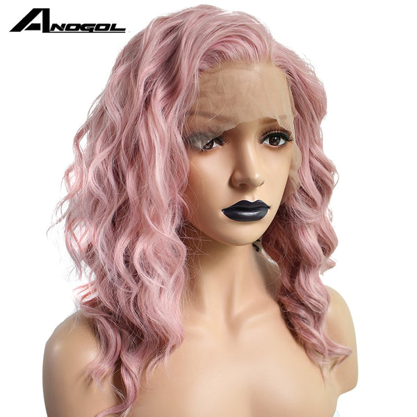 Anogol High Temperature Fiber 360 Frontal Long Deep Wave Full Hair Wigs Pink Synthetic Lace Front Wig For Women With Free Part