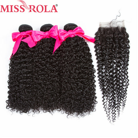 Miss Rola Hair Brazilian Hair Weave 100% Human Hair Kinky Curly 3 Bundles With Closure Non Remy Hair Extensions Natural Color