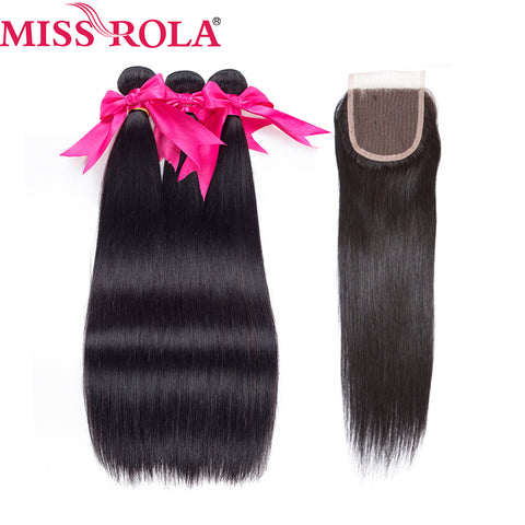 Miss Rola Straight Hair Peruvian Hair Bundles with Closure 100% Huaman Hair 3 Bundles 8-26 Inch Non-Remy Hair Extensions