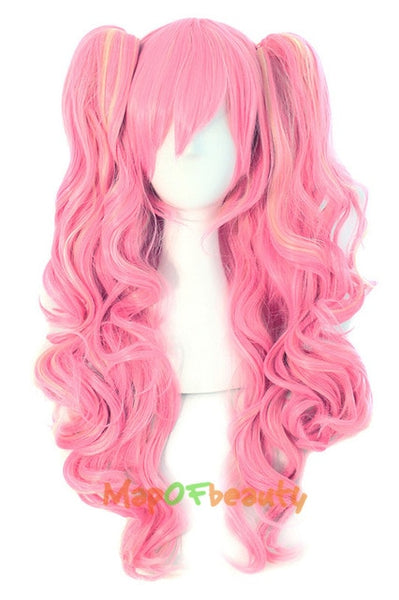 MapofBeauty long wavy cosplay wig 65cm purple pink ombre 12 colors two ponytails Synthetic hair Heat Resistant wigs for women