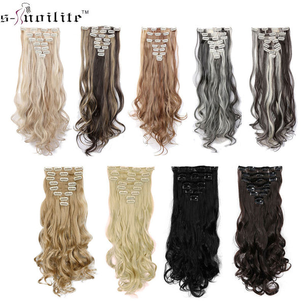 SNOILITE 24inch 170g Long Curly 18 Clips in False Hair Styling Synthetic Hair Extensions Hairpiece 8pcs/set Soft Natrual Black