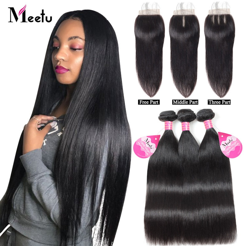 Meetu Malaysian Hair Bundles with Closure Straight Hair Bundles with Closure Natural Human Hair Bundles with Closure Non Remy