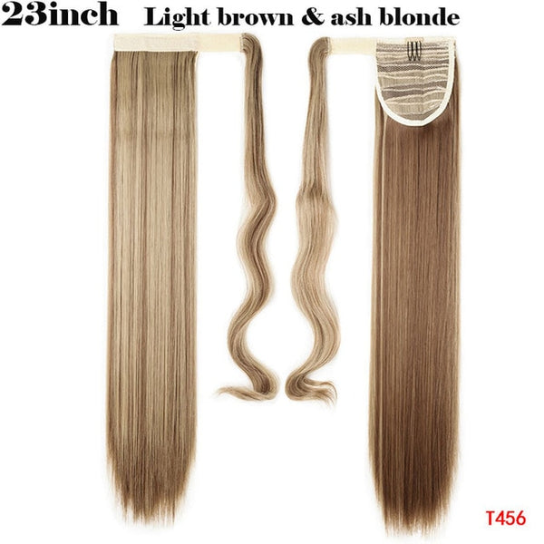 SNOILITE 23-26inch Long straight Real Natural Ponytail Clip in Pony tail Hair Extensions Wrap Around on Synthetic Hair Piece