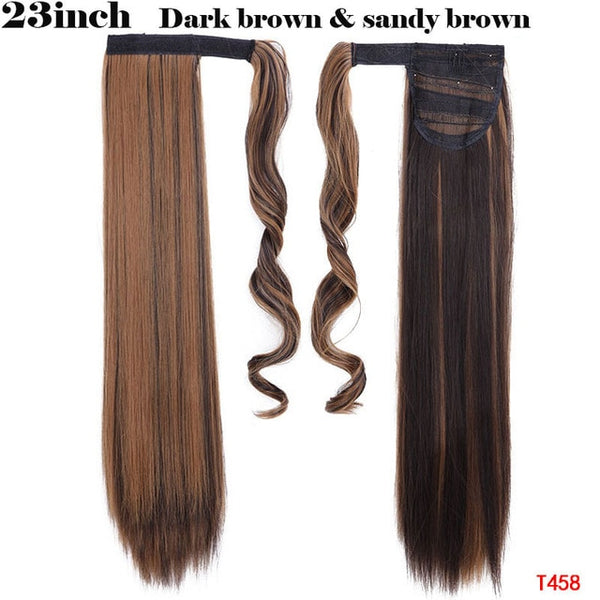 SNOILITE 23-26inch Long straight Real Natural Ponytail Clip in Pony tail Hair Extensions Wrap Around on Synthetic Hair Piece