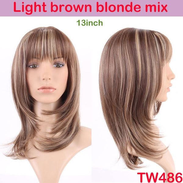 S-noilite 4inch-26inch Synthetic Wigs For African American Black Women Long Brown Mixed Blonde Two Tone Wigs With Bangs