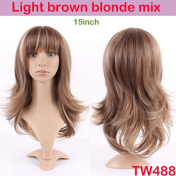 S-noilite 4inch-26inch Synthetic Wigs For African American Black Women Long Brown Mixed Blonde Two Tone Wigs With Bangs