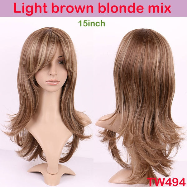 S-noilite 4inch-26inch Synthetic Wigs For African American Black Women Long Brown Mixed Blonde Two Tone Wigs With Bangs