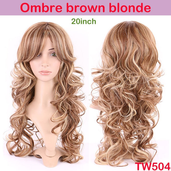 S-noilite 4inch-26inch Synthetic Wigs For African American Black Women Long Brown Mixed Blonde Two Tone Wigs With Bangs