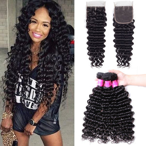 BY Brazilian Hair Weave Bundles With Closure Human Hair Bundles With Closure Deep Wave Bundles With Closure Remy Hair Extension