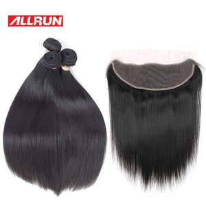 Allrun Malaysian Straight Hair Bundles With Lace Frontal 13*4 Human Hair Bundles With Closure 2/3 Pieces With Closure Non Remy