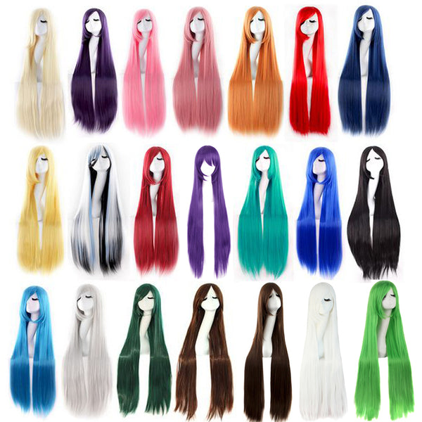 MapofBeauty 38" long Straight Cosplay Wigs Bangs Costume Cartoon Role Hairpiece White Blue Pink Black Blonde Wig Synthetic Hair