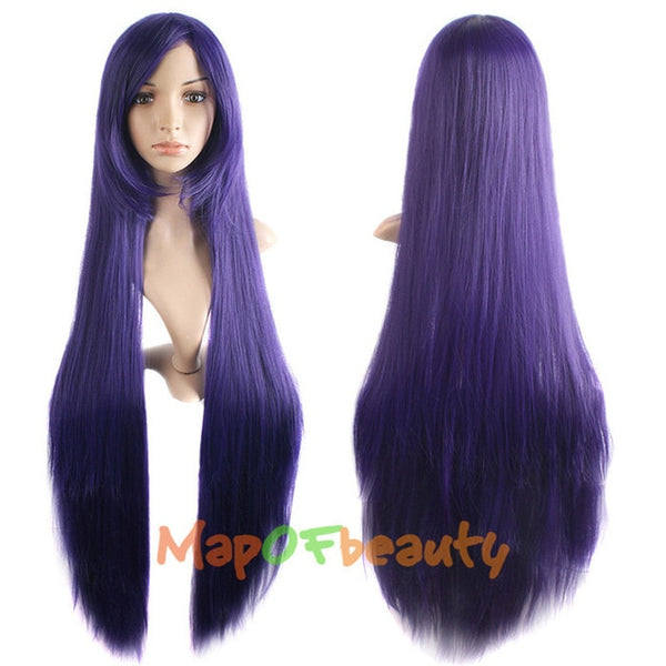 MapofBeauty 38" long Straight Cosplay Wigs Bangs Costume Cartoon Role Hairpiece White Blue Pink Black Blonde Wig Synthetic Hair