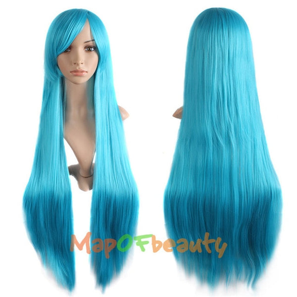 MapofBeauty 38" long Straight Cosplay Wigs Bangs Costume Cartoon Role Hairpiece White Blue Pink Black Blonde Wig Synthetic Hair