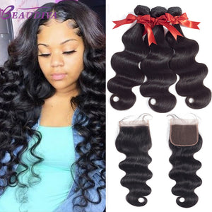 BEAUDIVA Hair Body Wave  Bundles With 4*4 Lace Closure Brazilian Hair Weave Bundles 3PCS Human Hair Bundles With Closure