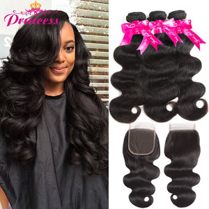 Beautiful Princess Body Wave Human Hair Bundles With Closure Double Weft Remy Brazilian Hair Weave 3 Bundles With Closure