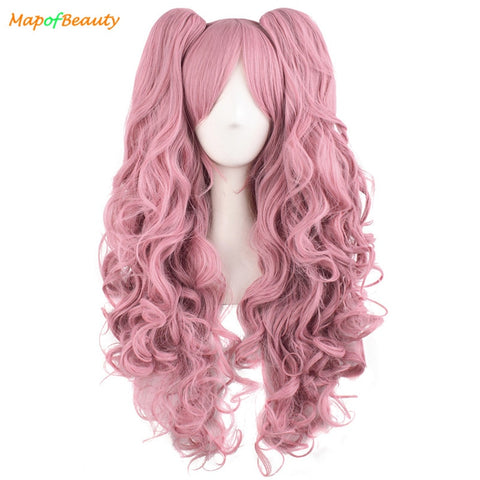 MapofBeauty 28" Long Wavy Cosplay Wigs Pink Black Brown Blue White 19 Color 2 Ponytails Shape Claw Heat Resistant Synthetic Hair