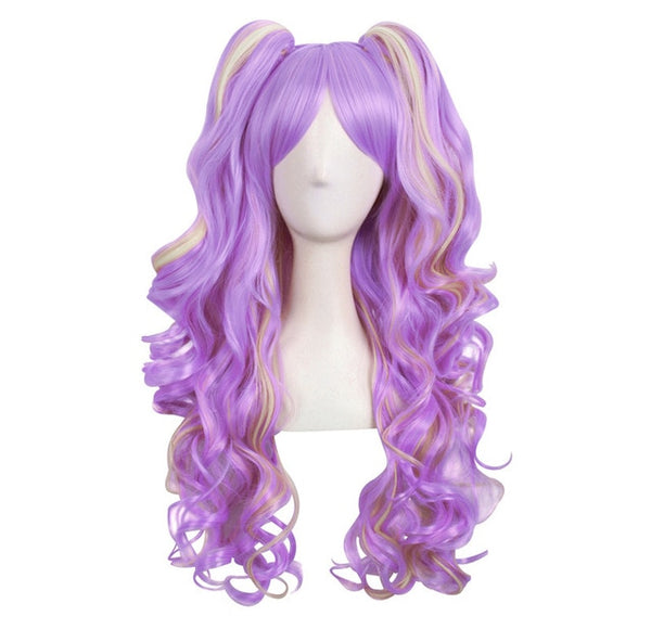 MapofBeauty long wavy cosplay wig 65cm purple pink ombre 12 colors two ponytails Synthetic hair Heat Resistant wigs for women