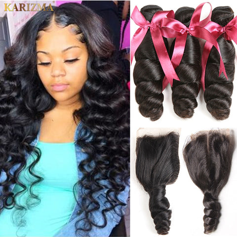 Karizma Brazilian Hair Weave Bundles With Closure Middle Part Brazilian Loose Wave 3 Bundles With Closure Non Remy Human Hair