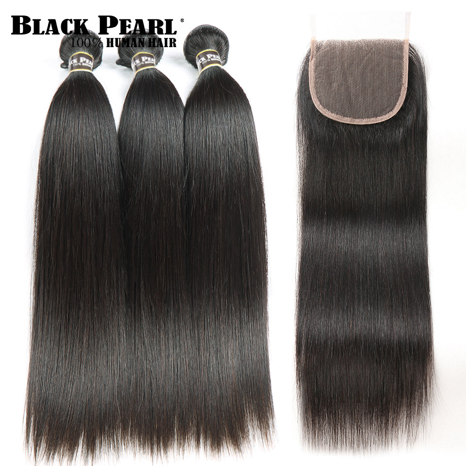 Black Pearl Straight Hair Bundles With Closure Non Remy Human Hair 3 Bundles With Closure Peruvian Hair Bundles With Closure