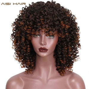 AISI HAIR Afro Kinky Curly Wig Mixed Brown and Ombre Blonde Synthetic Wig Natural Black Hair for Women Heat Resistant Hairs