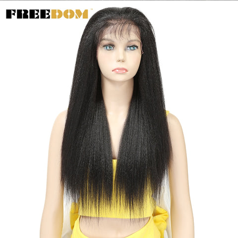 FREEDOM Synthetic Lace Front Wigs For Black Women Yaki Straight Long 26inch 65cm Afro Lace Wig Baby Hair Heat Resistant Fiber