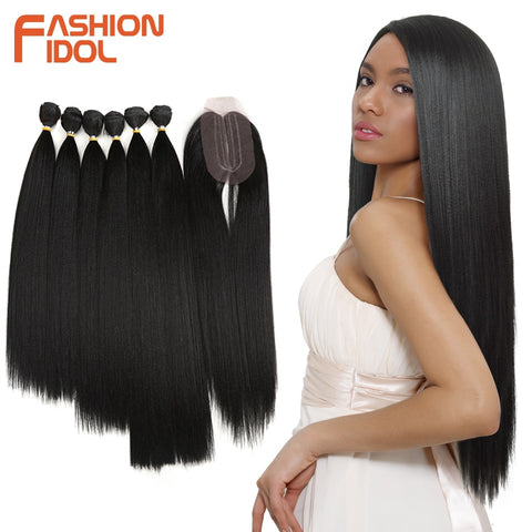 FASHION IDOL Yaki Straight Hair Bundles 7Pcs/Pack 16-20inch Ombre 250g Synthetic Hair Bundles With Closure Weave Hair Extension