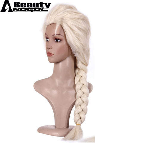 ANOGOL BEAUTY Hair Cap+ Platinum Blonde Braids Elsa Princess Synthetic Cosplay Wigs For Adults