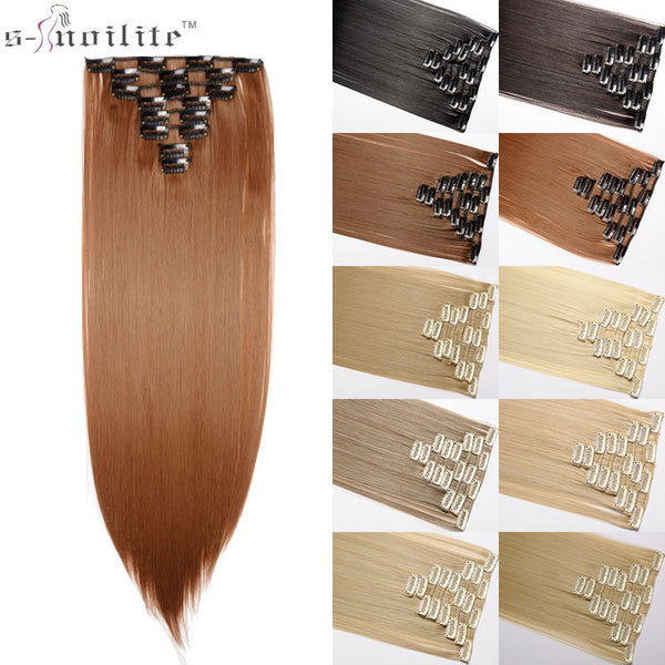 SNOILITE 23inch Straight 18 Clips in Hair Styling Synthetic Hair Extensions Hairpiece For Human 180g 8pcs/set Christmas Gift