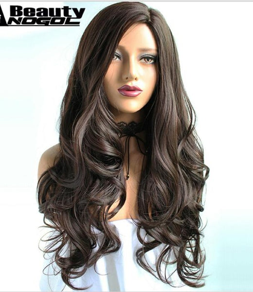 ANOGOL BEAUTY High Temperature Fiber Peruca Cabelo 360 Frontal #2 Dark Brown Hair Wigs Long Body Wave Synthetic Wig For Women