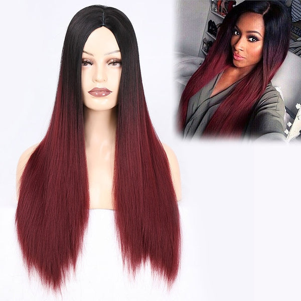 Doris beauty Long Straight Ombre Black Red Wigs for Women with Middle Part Synthetic Cosplay Blonde Pink Brown Gray Green