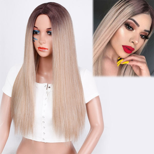 Doris beauty Long Straight Ombre Black Red Wigs for Women with Middle Part Synthetic Cosplay Blonde Pink Brown Gray Green