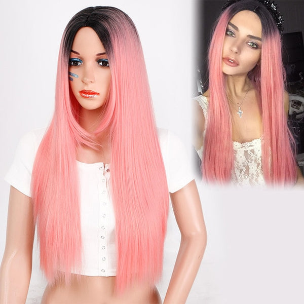 Doris beauty Long Straight Ombre Black Red Wigs for Women with Middle Part Synthetic Cosplay Blonde Pink Brown Gray Green