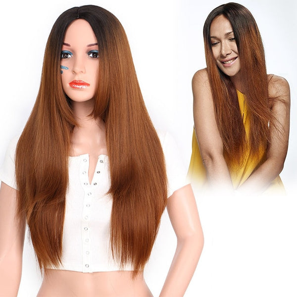 Doris beauty Long Straight Ombre Black Red Wigs for Women with Middle Part Synthetic Cosplay Blonde Pink Brown Gray Green