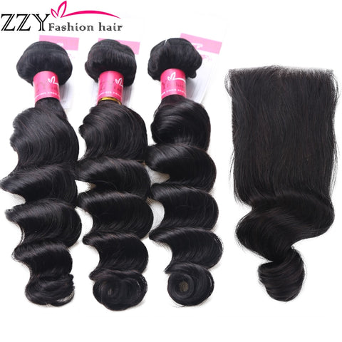 ZZY Fashion hair Loose Deep Wave Bundles With Closure Brazilian Human Hair Weave Non Remy Hair Extensions