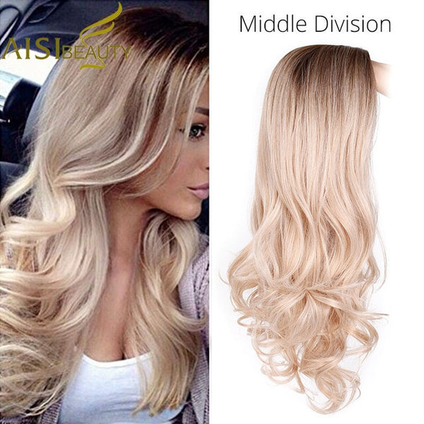 Long Ombre Brown Wavy Wig Blonde Cosplay Synthetic Wigs For Black/White Women Glueless Hair High Density Temperature AISI BEAUTY