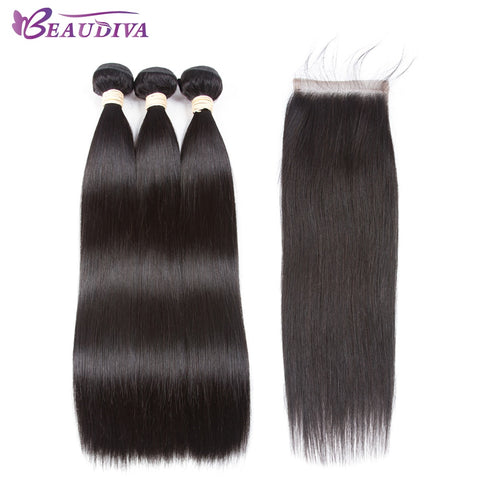 Beaudiva Hair Extension 100% Human Hair Bundles With Closure Brazilian Hair Weave 3 Bundles Straight Bundles With Lace Closure