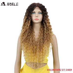 Noble Lace Front Synthetic Wigs For Women Middle Part Long 32" Soft Ombre Blonde Wig With Dark Roots Wavy Heat Resistant Fiber