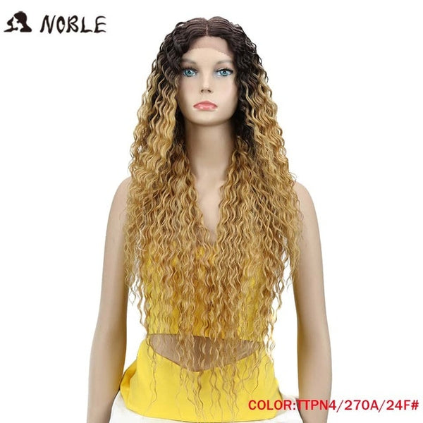 Noble Lace Front Synthetic Wigs For Women Middle Part Long 32" Soft Ombre Blonde Wig With Dark Roots Wavy Heat Resistant Fiber