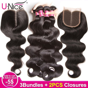 Unice Hair 3 Bundles Body Wave With 2 PCS Closures 8-30 Inch Brazilian Hair Weave Bundles Remy Human Hair Bundles With Closure