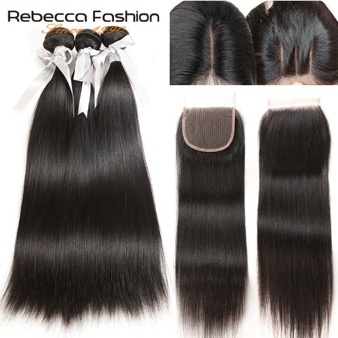 Rebecca Human Hair Bundles With Closure 3 4 Bundles With Closure Remy Hair Extension Peruvian Straight Hair Bundles With Closure