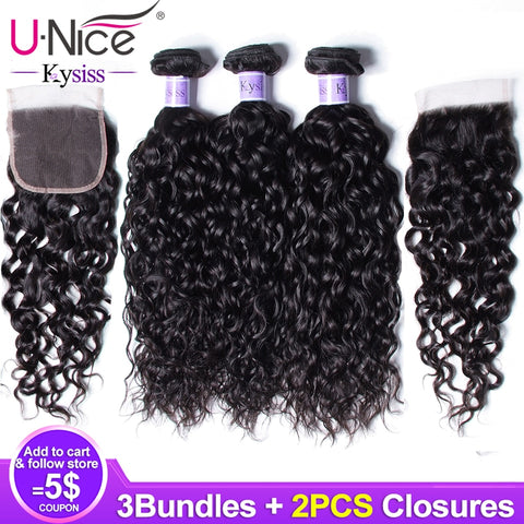 Unice Hair Kysiss Series Malaysian Vrigin Hair Water Wave 3 Bundles with 2 Closure Human Hair 4*4 free Part Swiss Lace Closure